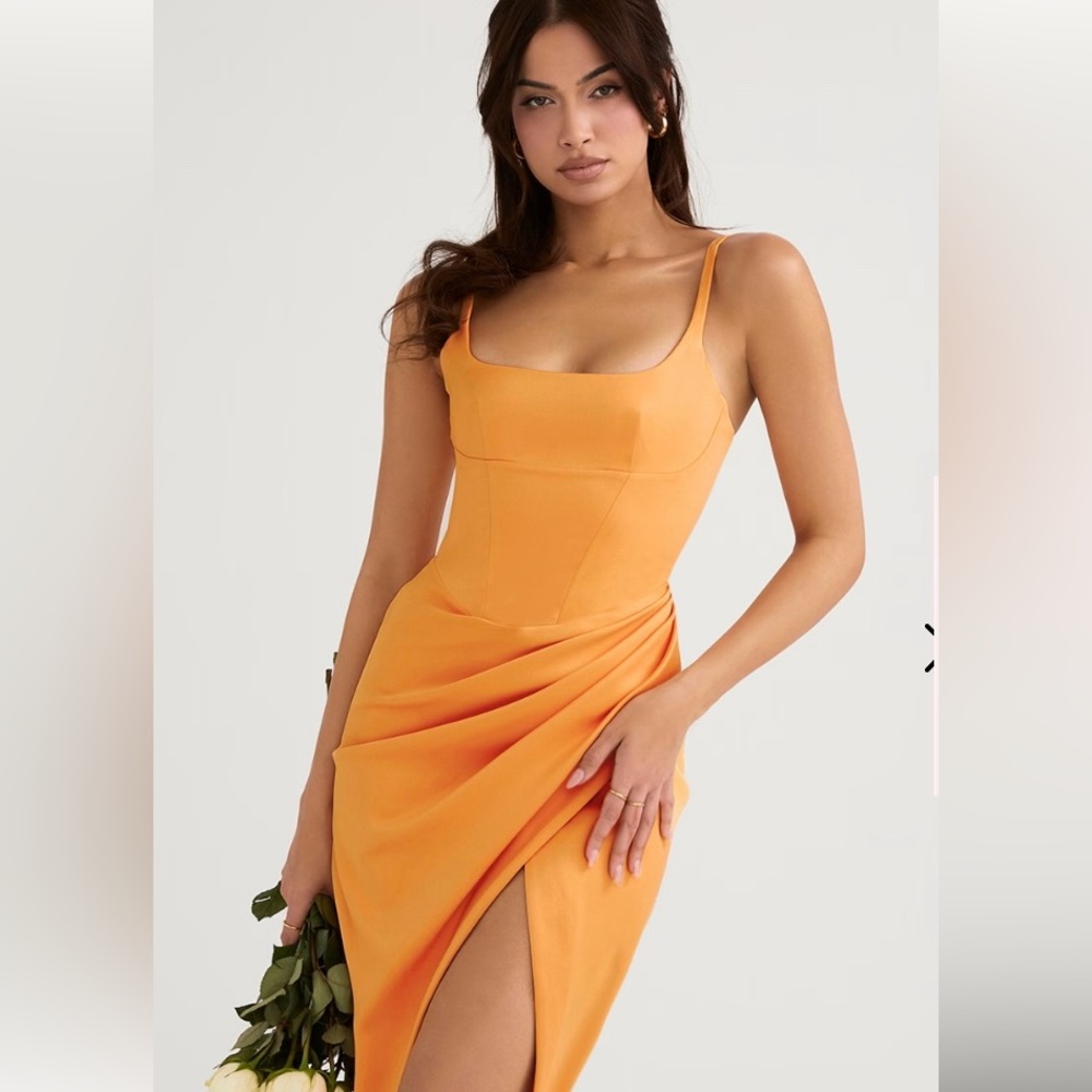 House of CB BIANCA (Tangerine) Satin Pleated Corset Midi Dress